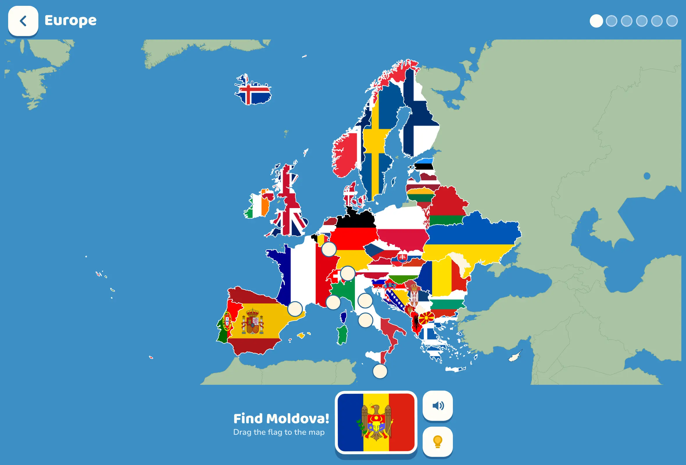 TerraKids on a tablet: a map of Europe filling up with flags, and the next flag, Moldova, waiting to be dragged onto the map
